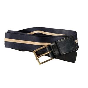 COACH BELT Men's 38-40 Navy‎ Blue Leather Beige Striped Preppy Luxury